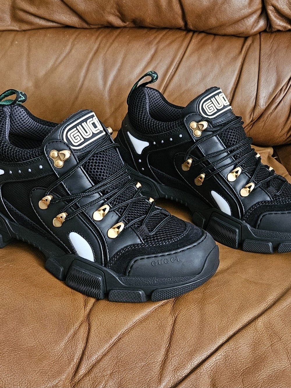 New Men's Gucci Flashtrek Black Leather Chunky Lace-Up Sneakers Size 6 - Picture 2 of 16